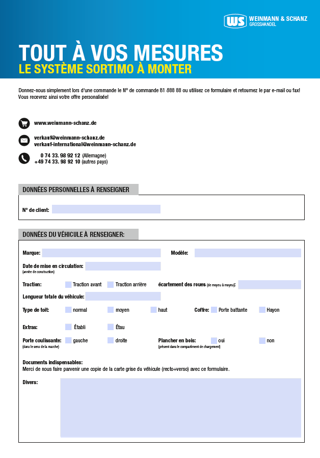 <p>Données du véhicule Sortimo</p> <p> </p>