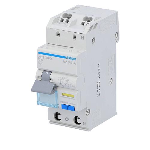 FI/LS-Schutzschalter Hager 1p+N,Typ A,C16A,30mA,6 kA, ADS966D,QuickConnect