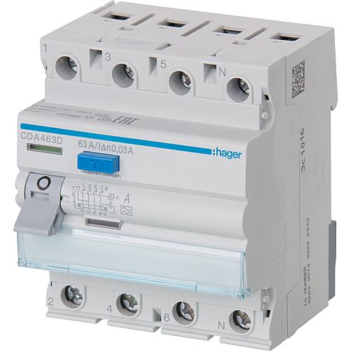 Earth-leakage circuit breaker Hager, 63A 30mA, 4p, CDA463D