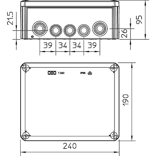 Junction box thermoplastic, 9 x M25 + 7 x M32, IP 66 type T 250, light grey / 1 pc.