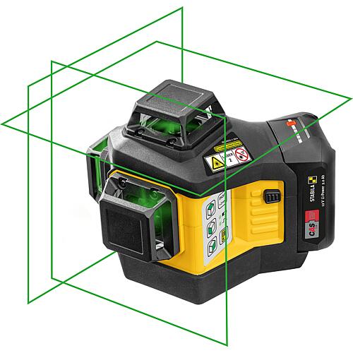 Cordless cross line laser STABILA 12V LAX 600 G, self-levelling, 3 x 360° green laser lines, max. range: 40 m Carrying case