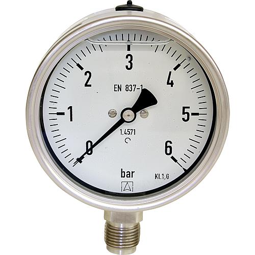 Glyzerin-Rohrfeder-Manometer, ø 100 mm, DN 15 (1/2") radial, in Chemie-Ausführung Standard 1