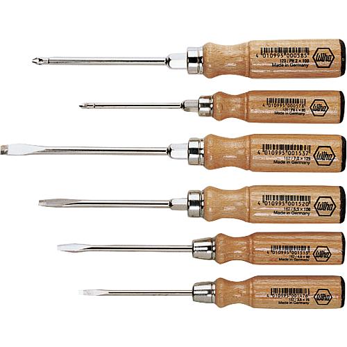 Screwdriver set, slotted, Phillips, hexagonal blade, hexagonal spanner aid, with wooden handle, 6-piece set Standard 1