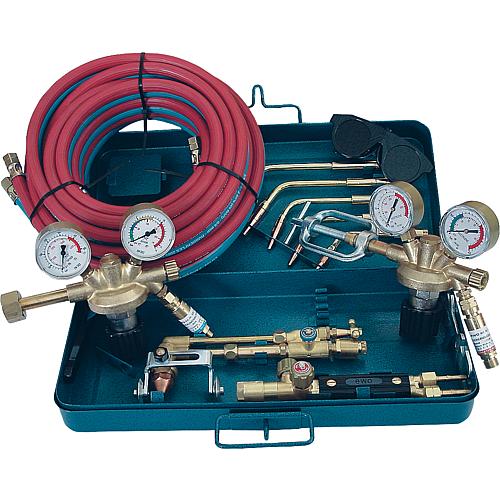 Autogenous welding/welding burner set with 17 mm shank (normal burner) for welding 0.5 - 9 mm and cutting 3 - 100 mm (blade cutting insert with block nozzles), with bottle trolley Standard 1