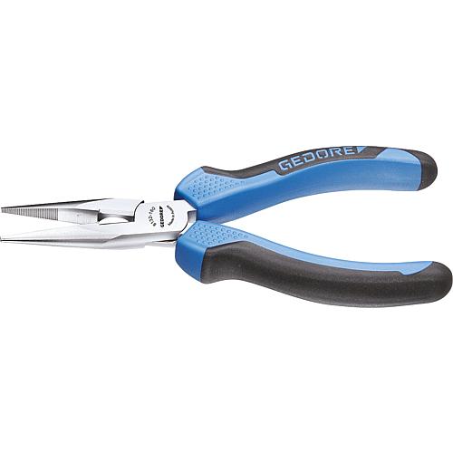 Needle nose pliers with cutting edge, serrated, straight shape