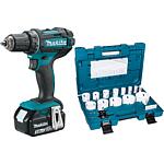 Cordless drill/screwdriver DDF482RFJ, 18 V with 2 x 3.0 Ah Batteries and chargers and Hole saw sets, 16 pieces