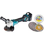 Cordless angle grinder DGA 511, 18 V with 2 x 5.0 Ah Batteries and chargers and Kronenflex® Cutting discs, A 60 EXTRA, for stainless steel, metal, 11-piece set