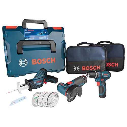 Kit sans fil Bosch 12 V composé de GWS 12V-76, GSA 12V-14 et GSB 12V-15 avec 4x 2,0 Ah batteries et chargeur