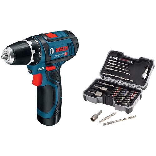 Cordless drill/screwdriver (BOSCH) 12 V GSR 12V-15 with 2x 2.0 Ah Batteries and chargers incl. 35-piece Metal drill (BOSCH) and Bit set