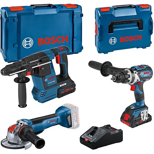 Cordless sets Bosch 18 V, 3-piece
consisting of Cordless drill/screwdrivers, combi hammer, angle grinder, 1 x 4.0 Ah, 1 x 8.0 Ah ProCORE Batteries and chargers Standard 1