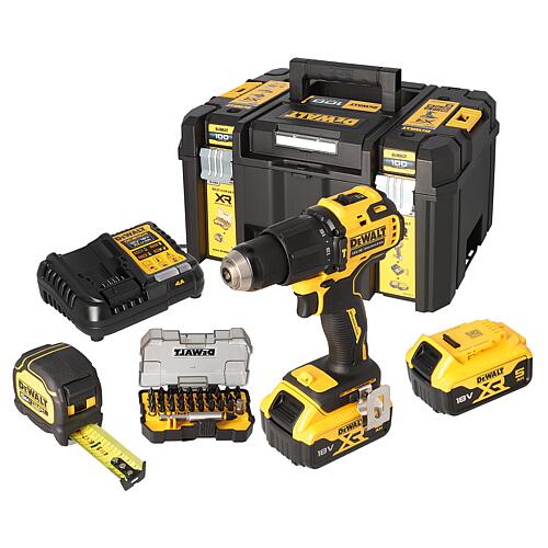 Akku-Schlagbohrschrauber DEWALT, 18 V mit Akku-Set, Akku-LED-Arbeitsleuchte, Bit-Set, 32-teilig und WS-Stufen-Doppelleiter Standard 2