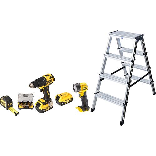 Akku-Schlagbohrschrauber DEWALT, 18 V mit Akku-Set, Akku-LED-Arbeitsleuchte, Bit-Set, 32-teilig und WS-Stufen-Doppelleiter Standard 1