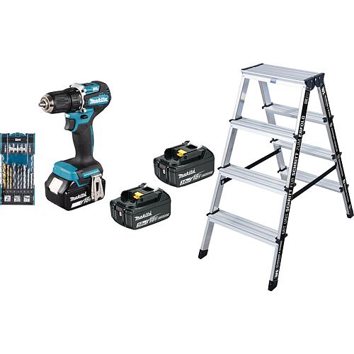 Perceuse-visseuse sans fil Makita DDF487-RFE3, 18 V avec Jeu de batteries, Jeu de forets et d'embouts, 17 pièces et double échelle à échelons WS Standard 1