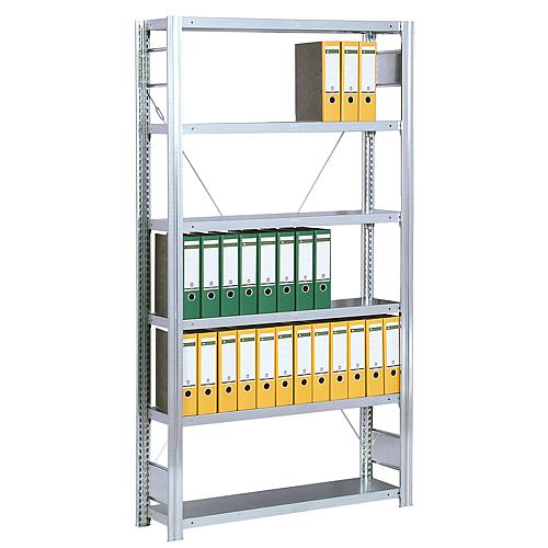 Rayonnage de bureau BERT avec 6 tablettes en acier, rayonnage de base, charge admissible par tablette 150 kg, charge admissible par élément 2000 kg, largeur 1005 mm Standard 1