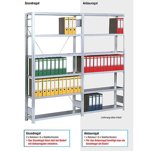 Office shelving unit with 6 steel shelves, basic shelf, shelf load 150 kg, bay load 2000 kg, width 1285 mm