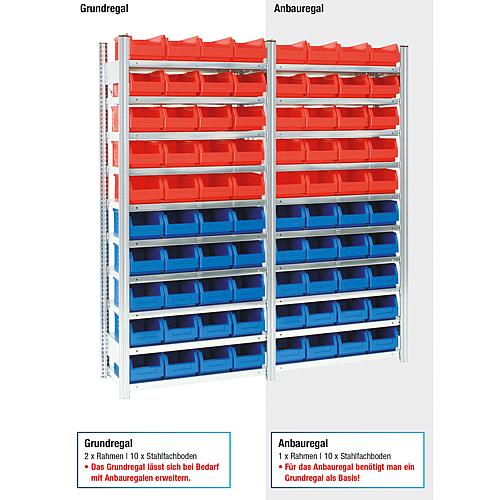 Rayonnage bacs à bec, charge  tablette 150 kg, travée 2000 kg
élément secondaire avec 10 tablettes acier, hauteur 2000 mm, largeur 875 mm Anwendung 1