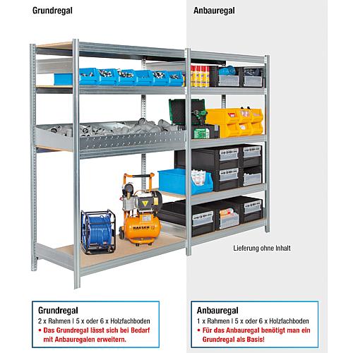 Regalsystem mit Holzfachböden,
Fachlast 250 kg, Feldlast 2000 kg, Grundregal Anwendung 1