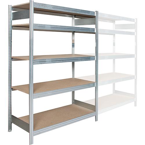 Shelf system with wood shelves,
Shelf load 250 kg, bay load 2000 kg, base shelf Standard 1