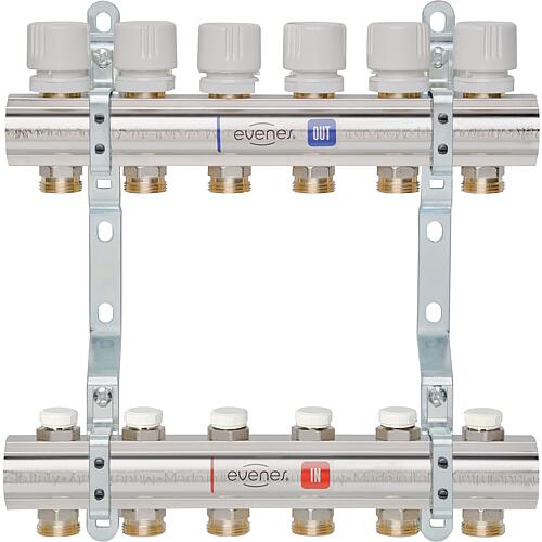 Heating manifold Evenes Model M5.6, DN25 (1"") brass, 6 heating circuits, w.control valves