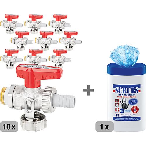 Value pack 10 x Fill and drain ball valves 1/2" + hand cleaning cloths Scrubs Standard 1