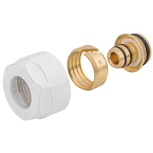 Clamp ring couplings for designer radiator taps, white version, for Plastic pipes ø 16 mm Standard 1