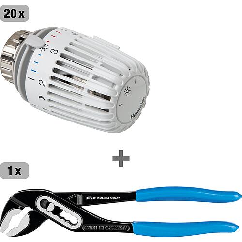Value pack 20x Thermostat heads Imi Heimeier type K standard, white + water pump pliers WS 160mm with plastic coating free of charge