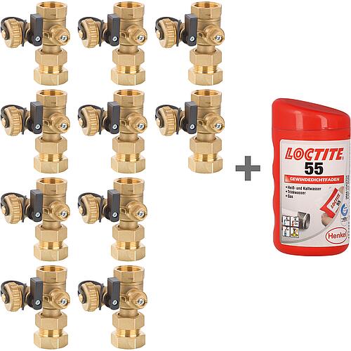 Paquet avantage 10 x Vannes d'arrêt evenes avec vidange KFE + fil d'étanchéité fileté LOCTITE® 55 Standard 1