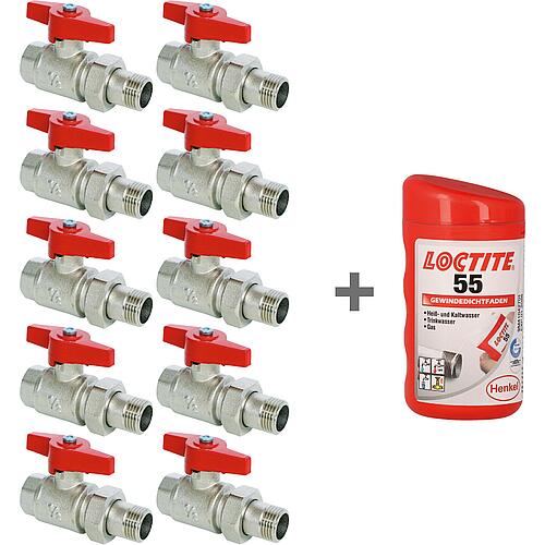 Value pack 10 x ball valve female x male, with butterfly handle + LOCTITE® 55 sealing thread Standard 1