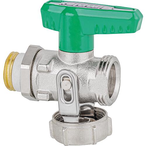 KFE ball valve DN15 (1/2“) nickel-plated straight fitting, green tap for drinking water, PN10, with cap Standard 1