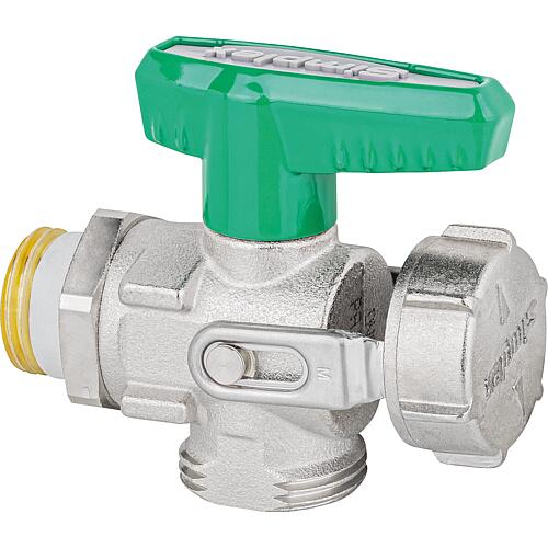 KFE ball valve DN15 (1/2“) nickel-plated straight fitting, green tap for drinking water, PN10, with cap Standard 2