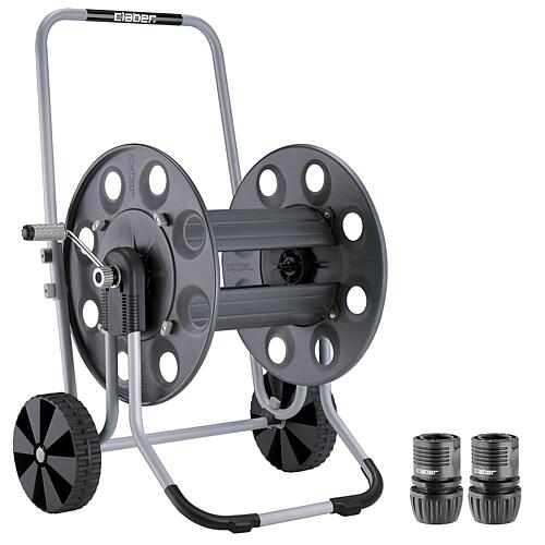 Hose trolley completely made of metal with 2 universal automatic couplings