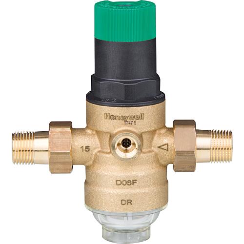 Sound protection pressure reducer made of brass with threaded nozzles Standard 1