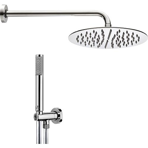 Action shower set: head shower, round, Ø 250 mm, wall connection pipe 300 mm, hose for hand-held shower in chrome