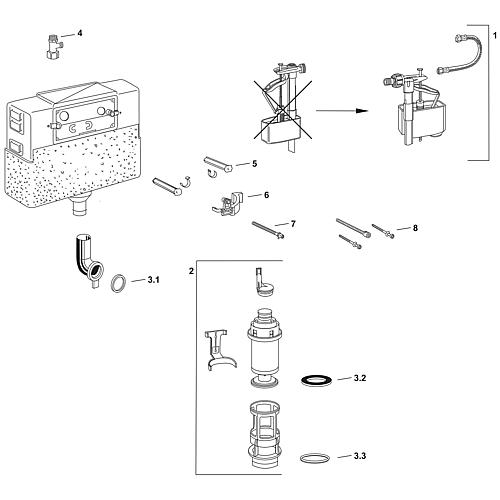 Drain valve set with contents: Filling valve holder, hold-down device, drain valve, drain basket