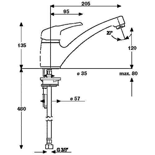 Mitigeur d'évier Heinrichschulte Nizza basse pression bec pivotant saillie 205 mm chrome