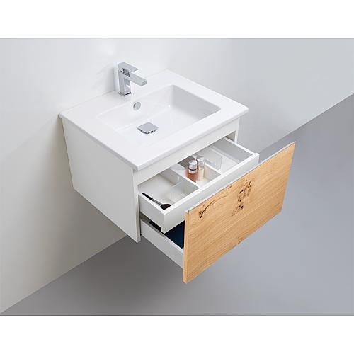 Meuble sous vasque + vasque en ceramique ELA, corps blanc satin front chêne clair, 610x420x510 mm