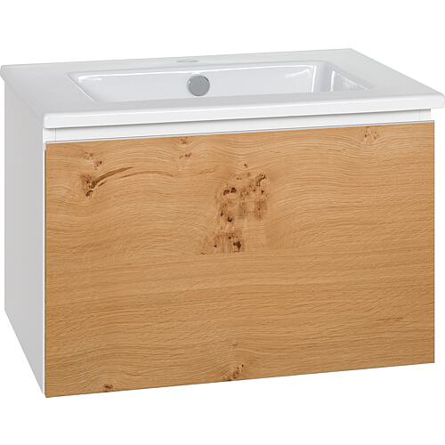 Meuble sous vasque + vasque en ceramique ELA, corps blanc satin front chêne clair, 610x420x510 mm