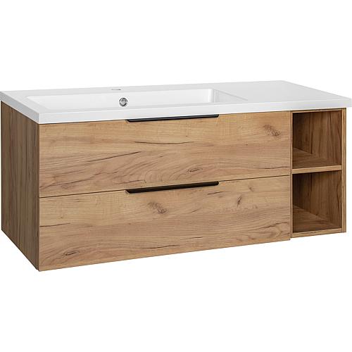 Base cabinet + washbasin LOSSA in cast mineral composite, 2 drawers, 2 open compartments, Cortina knotty oak, width 1210 mm