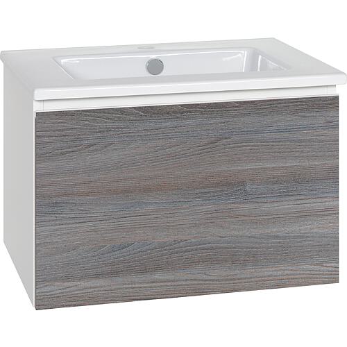 Meuble sous vasque + vasque céramique ELA, blanc satin front gris décor, 610x420x510 mm