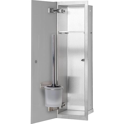 Niche à encastrer en inox pour WC hauteur 600 intérieur inox brossé, 1 porte grise, gauche