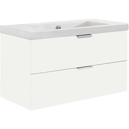 Washbasin base cabinet with washbasin made of ceramic, 860 mm width, 2 front drawers Standard 1