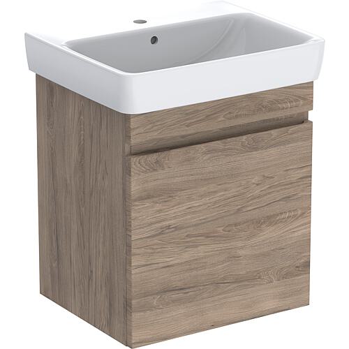 Base cabinet + washbasin Geberit Renova Plan in ceramic, 550x616x440 mm walnut hickory