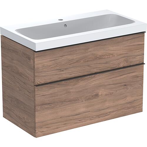 Base cabinet + washbasin Geberit iCon in ceramic, 900x705x485 mm, walnut hickory, handle lava