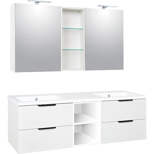 Ensemble meubles de salle de bain LOSSA avec Armoire à glace LED blanc mat 4 tiroirs + 2 Étagères ouvertes largeur 1550 mm