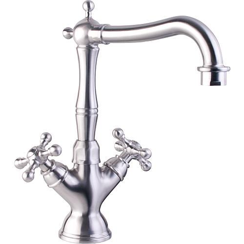 Country stainless steel 2-handle sink unit mixer Matt stainless steel, swivel outlet Projection 173 mm