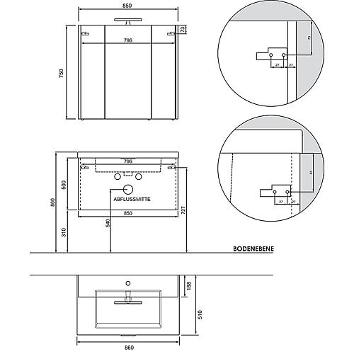 Ensemble de meubles de salle de bains EPIL Série MBF gris pierre, 1 tiroir largeur 860mm