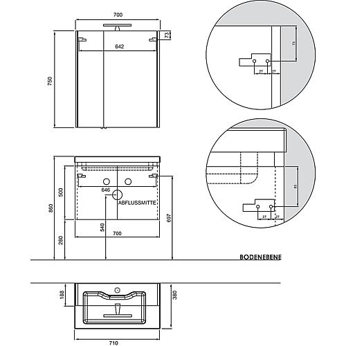 Ensemble de meubles de salle de bains EOLA chêne castor, 2 portes, largeur 710mm