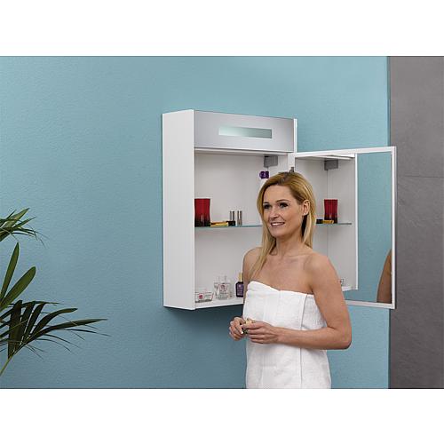 Mirror cabinet w. illum. trim, high-gloss white, 1 door, right stop, 600x750x188 mm
