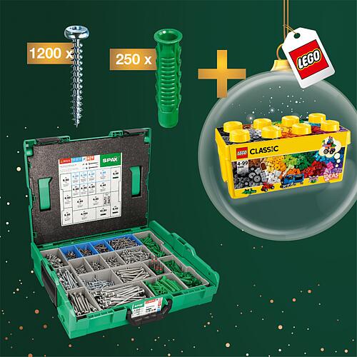 Promotional package half-round head screw assortment for electricians + 6 Bits in L-BOXX® + free LEGO® medium-sized brick box Standard 1