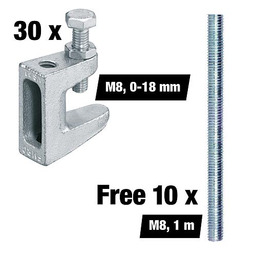 Value pack of M8 beam clamps, clamping range 0-18 mm, 30 pieces + free M8 threaded rods, 10 pieces Standard 1